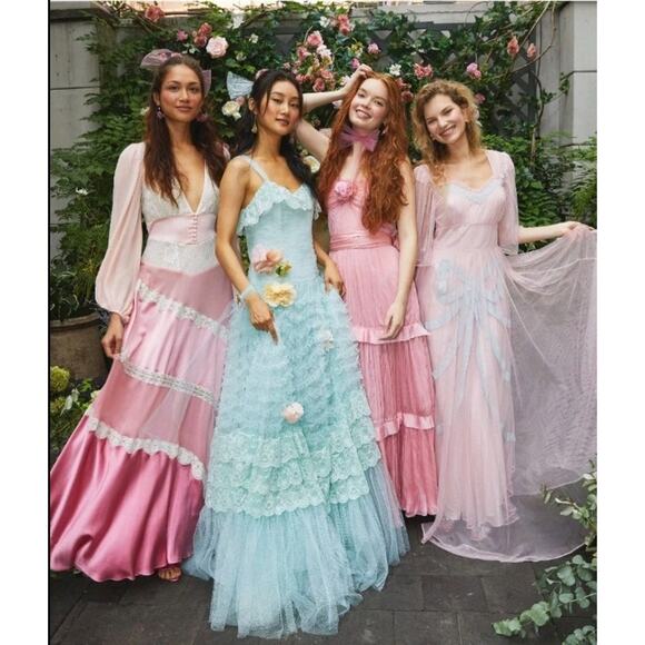 NEW $895 LoveShackFancy Pink Colorblock Kinsler Satin Lace Maxi Dress Sz 4 Gown - Picture 1 of 16